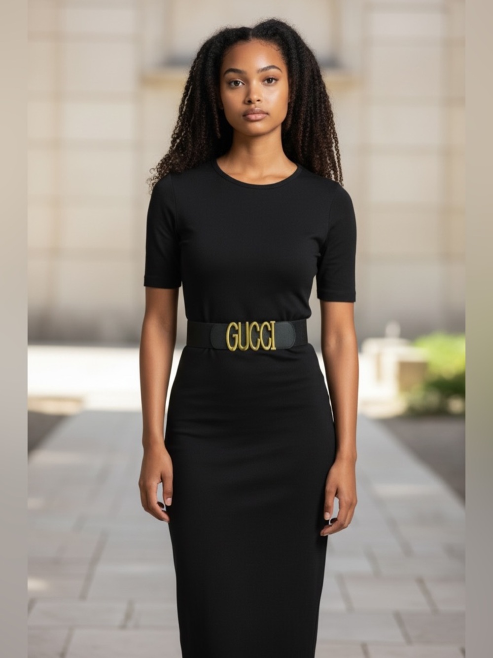 Fashionable Black Dress with Elastic Stretch Gold Logo Belt